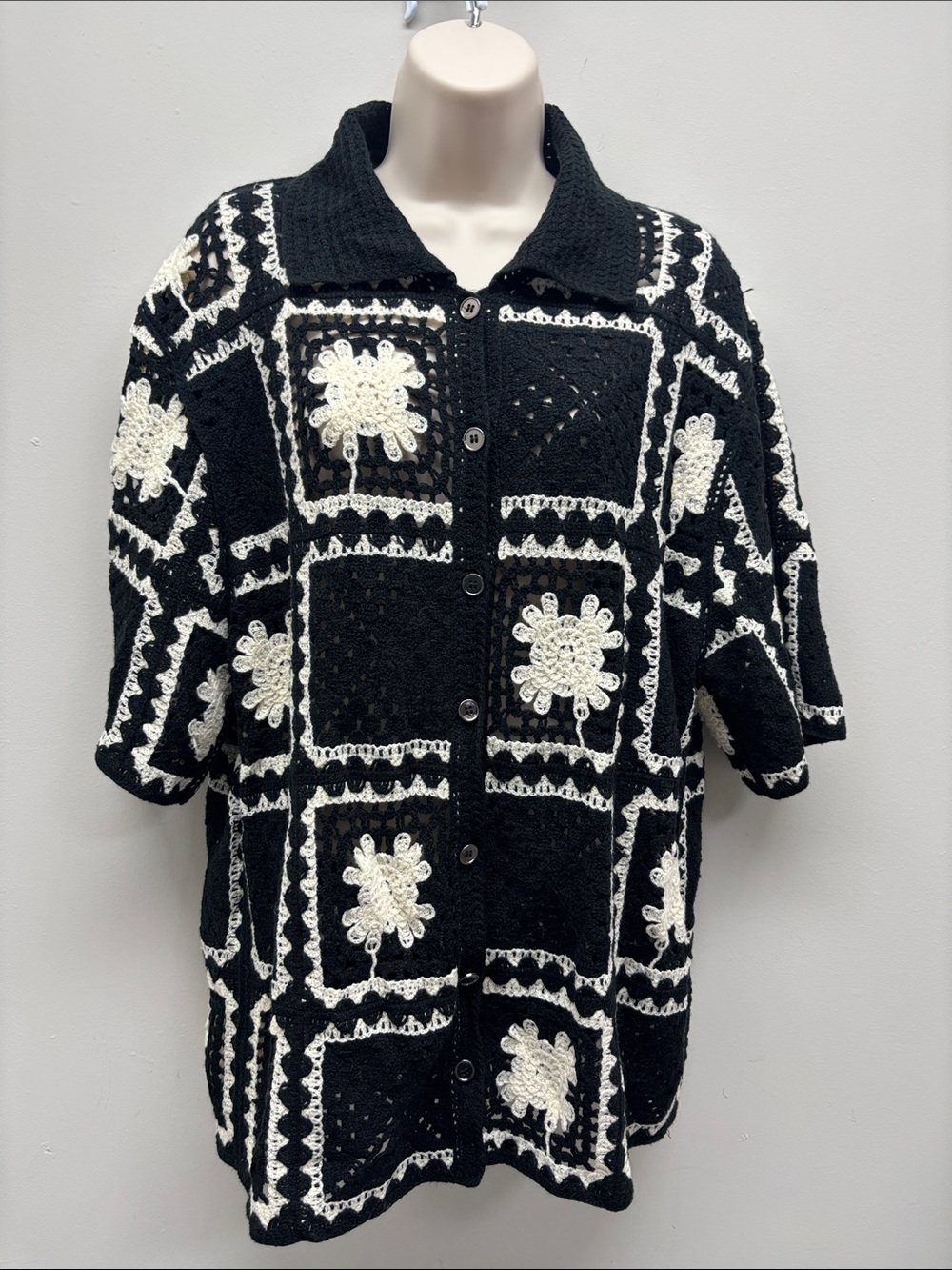 POL Crochet Granny Square SS Cardigan Sweater Button Front Boho Cottage OS